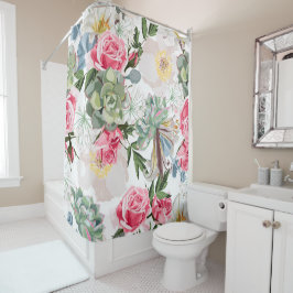 Cortina Para Box Lush Watercolor Roses and Succulent Floral Pattern