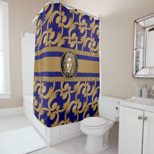 Cortina Para Box Luxo Barroco Medusa Azul e Dourado