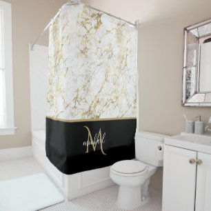 Cortina Para Box Luxo Elegante de Monograma Dourado e Marble Preto