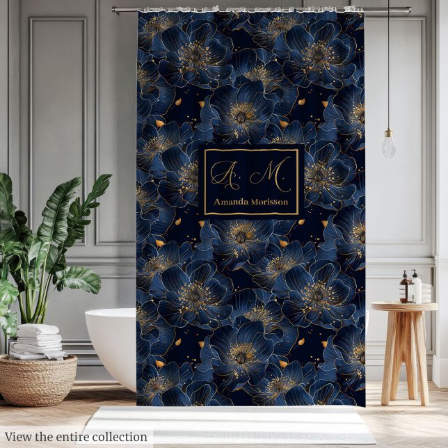 Cortina Para Box Luxury Navy Gold Floral Pattern Curtain Bathroom (Luxury Navy Gold Floral Pattern Curtain Bathroom)