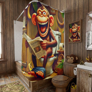 Cortina Para Box Macaco de Cartoon Engraçado no Banheiro