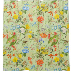 Cortina Para Box Macacos-Vintagem Tropicais Jardim Rococo Chinoiser