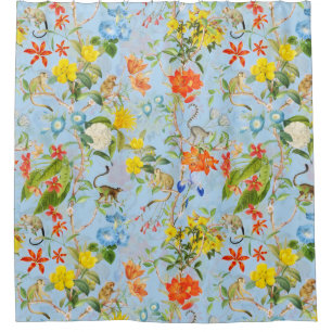 Cortina Para Box Macacos-Vintagem Tropicais Jardim Rococo Chinoiser