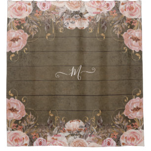 Cortina Para Box Madeira Rústica, Cor de Água, Floral, Rosa,