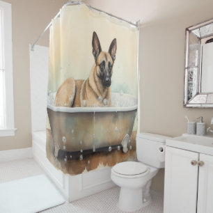 Cortina Para Box Malinois Belgas Na Bathtub Watercolor Dog Art