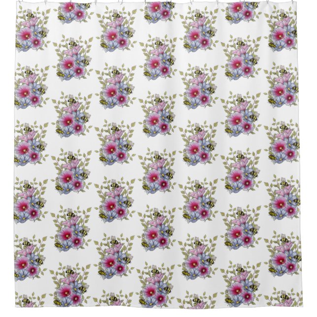 Cortina Para Box Malvarisas e Flores Azuis com Abelhões (Frente)