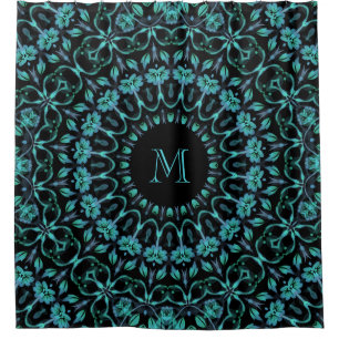 Cortina Para Box Mandala Monograma Floral Turquesa