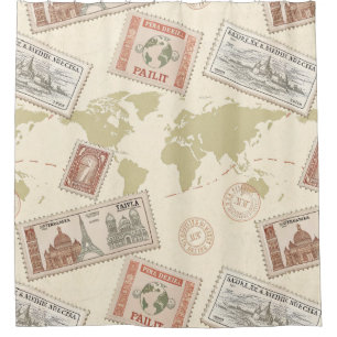 Cortina Para Box Mapa Mundial de Selos Postais Vintage Viagem (1)