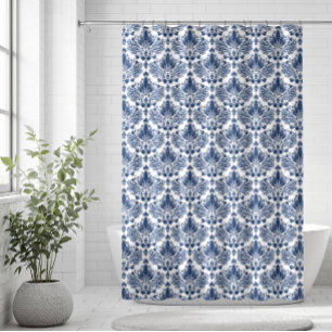 Cortina Para Box Marinho Azul - Damascos Florais Em Fundo Branco