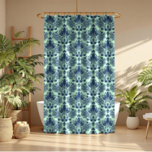 Cortina Para Box Marinho Azul - Damascos Florais Em Fundo Verde Cla