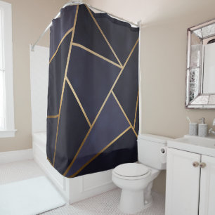 Cortina Para Box Marinho Azul Dourado Triângulos Geométricos Elegan