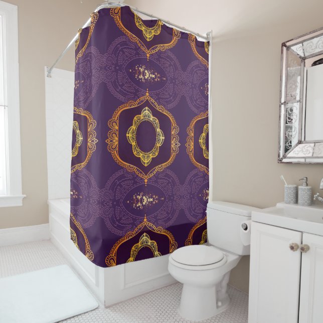 Cortina Para Box Marinho Azul e/ou Violeta com Mandalas Douradas (In Situ)