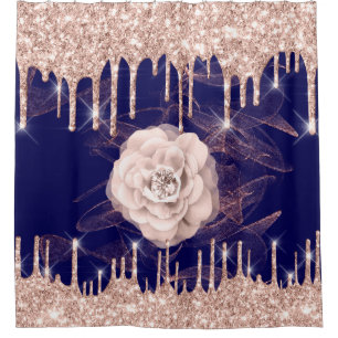 Cortina Para Box Marinho Azul - Grelha Diamante Dourada Rosa