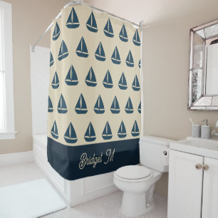 Cortina Para Box marinho azul veleiro e Monograma Beige Casa Costei