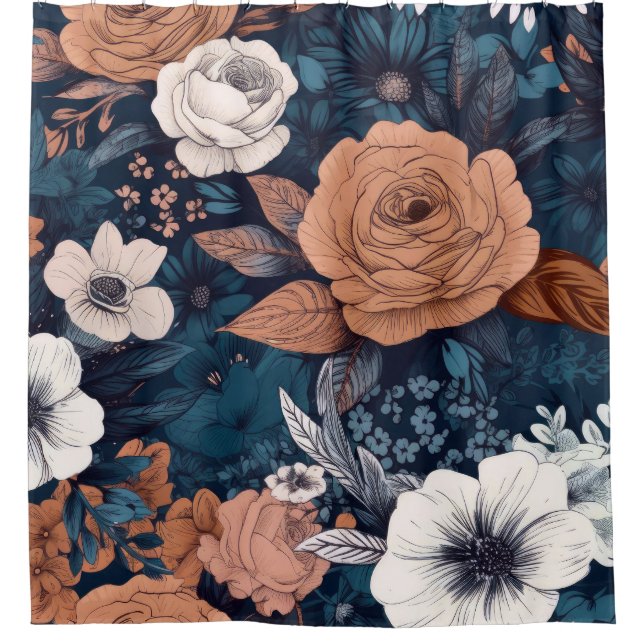 Cortina Para Box Marinho e Impressão Floral do Taupe Boho (Frente)