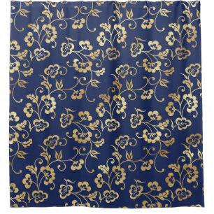 Cortina Para Box Marinho e Padrão Floral Dourado