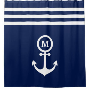 Cortina Para Box Marinho Náutico Monograma - Faixa de Âncora Azul