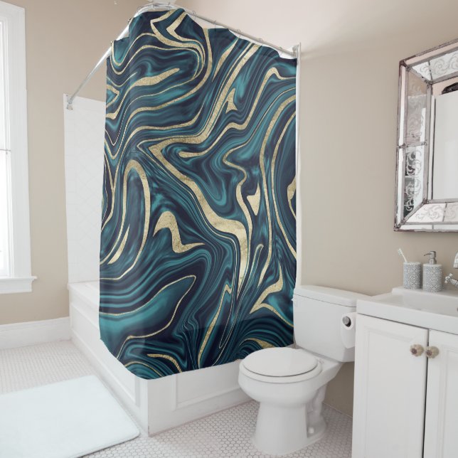 Cortina Para Box Marinho Teal Azul Dourado Marble #1 (In Situ)