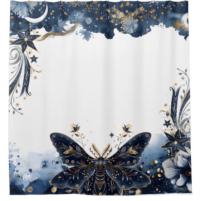 Cortina Para Box Mariposa Azul Celeste e Dourada (Frente)