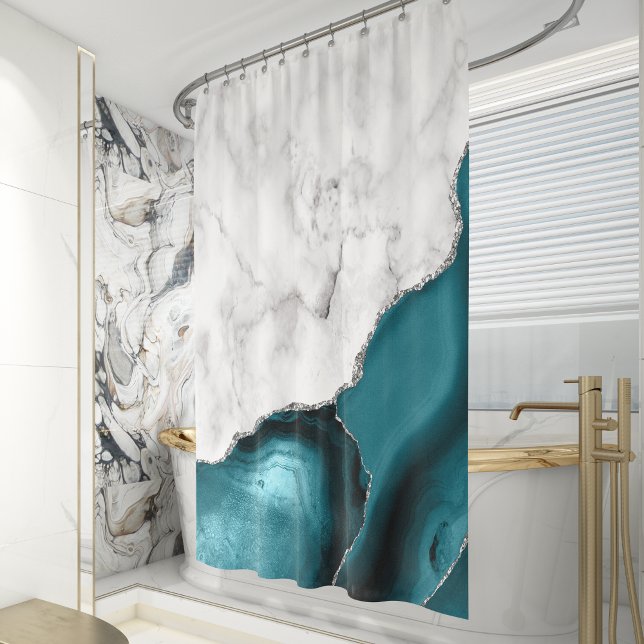 Cortina Para Box Mármore Branco Ágata Azul Turquesa Prata (Criador carregado)