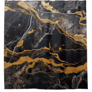 Cortina Para Box Mármore Preto Luxo Ouro Kintsugi Veias Ágata