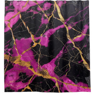 Cortina Para Box Mármore Preto Magenta de Luxo Kintsugi Veias Doura