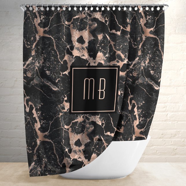 Cortina Para Box Mármore Preto Monograma Elegante  (Personalized Monogram Rose Gold Black Marble Shower Curtain)