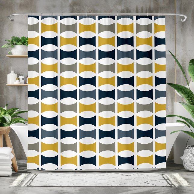 Cortina Para Box Meio século moderno padrão geométrico Mostarda do  (Mid Century Modern Geometric Pattern Navy Mustard Shower Curtain)