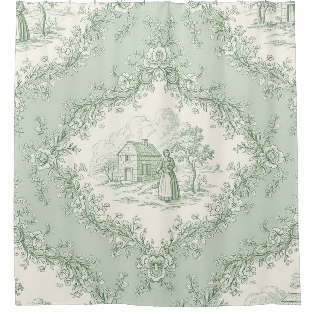Cortina Para Box Mint Green French Country Floral Toile - Farmhouse (Frente)