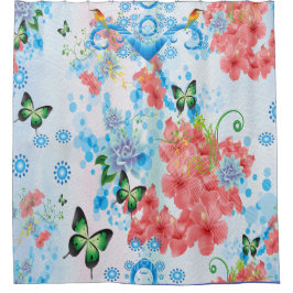 Cortina Para Box Misturar abstrato azul com flores salmões