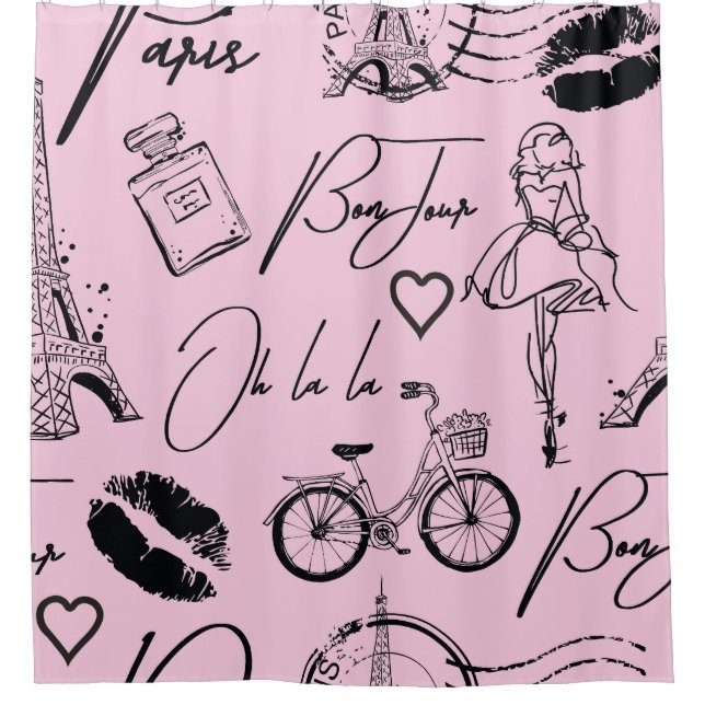 Cortina Para Box Moda, caligrafia, Torre Eiffel, lábios (Frente)