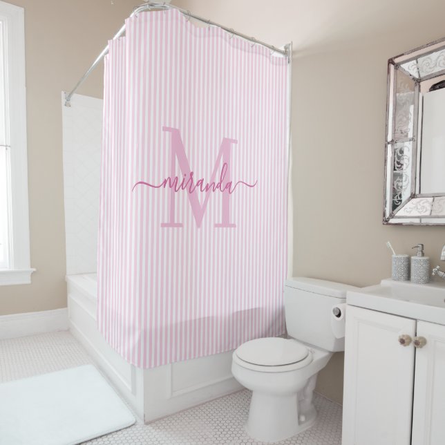 Cortina Para Box Modern Pink & White Stripes Monogram Name (In Situ)