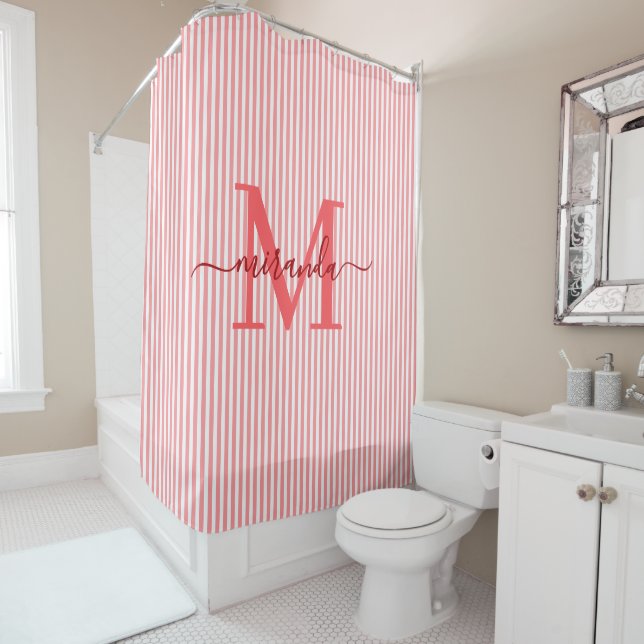 Cortina Para Box Modern Red & White Stripes Monogram Name (In Situ)