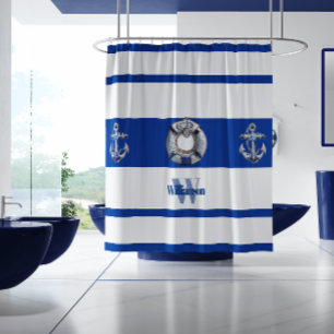 Cortina Para Box Modern Trendy Nautical Blue and White Long 