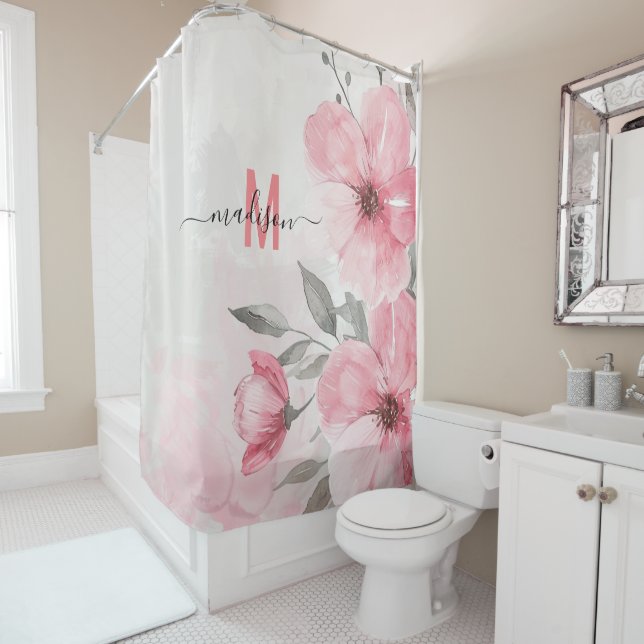 Cortina Para Box Moderno Chic Monograma Rosa Script Divertido Casam (In Situ)