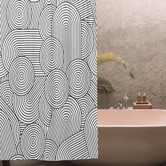 Cortina Para Box Moderno Geométrico de Meados do Século Arco Preto  (Mid Century Modern Geometric Arch Black White Shower Curtain)