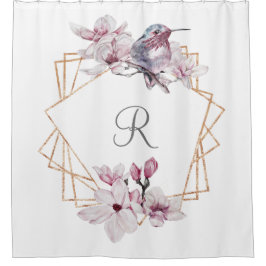 Cortina Para Box Moldura Dourada de Magnólias Brancas Rosa Monogram