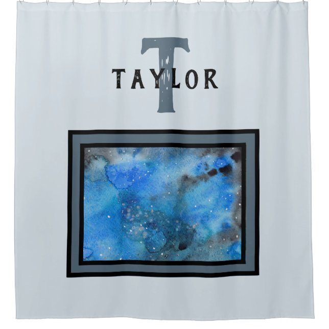 Cortina Para Box Monograma Abstrato Azul Preto Aquarela Arte Fina (Frente)