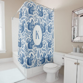 Cortina Para Box Monograma Azul Chinoiserie Esquilo Floresta