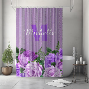 Cortina Para Box Monograma com Brilho Prata Floral Vintage Roxo