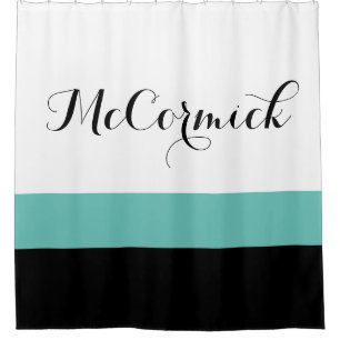 Cortina Para Box Monograma da Família Modern Black Teal White Stri