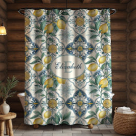 Cortina Para Box Monograma de Azulejo Azul no Estilo Francês Countr