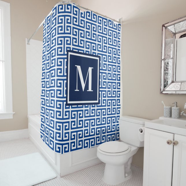 Cortina Para Box Monograma de Chave Grega Azul e Branco (In Situ)