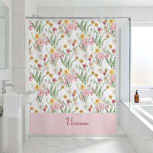 Cortina Para Box Monograma de Flor Silvestre Aguarela Rosa Verde