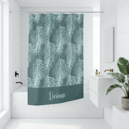 Cortina Para Box Monograma de Folha Tropical em Aquarela Azul-Verde