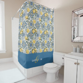 Cortina Para Box Monograma de Limão Aquarela Azul Amarelo