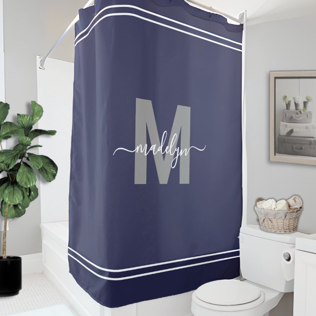 Cortina Para Box Monograma de Nome Elegante Azul Marinho (Elegant Name Monogram Navy Blue Shower Curtain)
