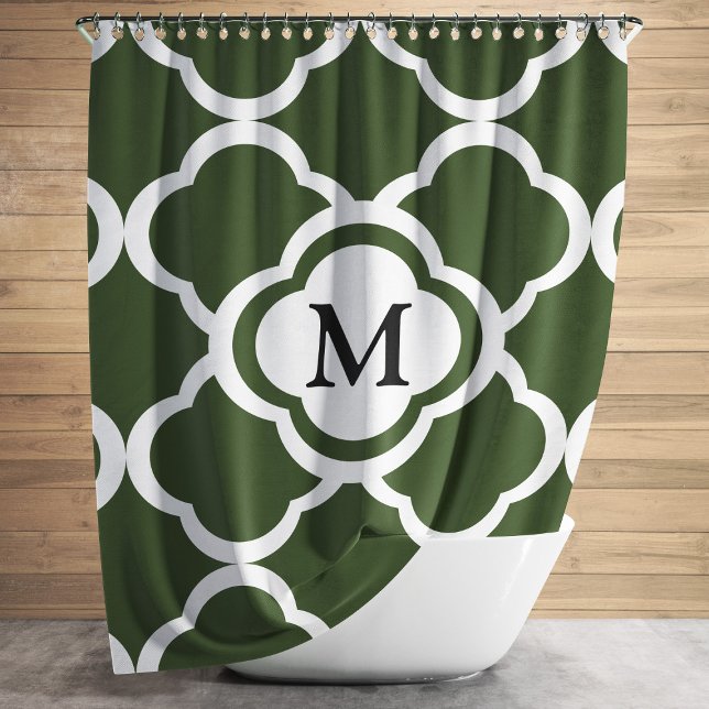 Cortina Para Box Monograma de Quatrefoil Verde Elegante (Elegant Green Quatrefoil Monogram Shower Curtain)