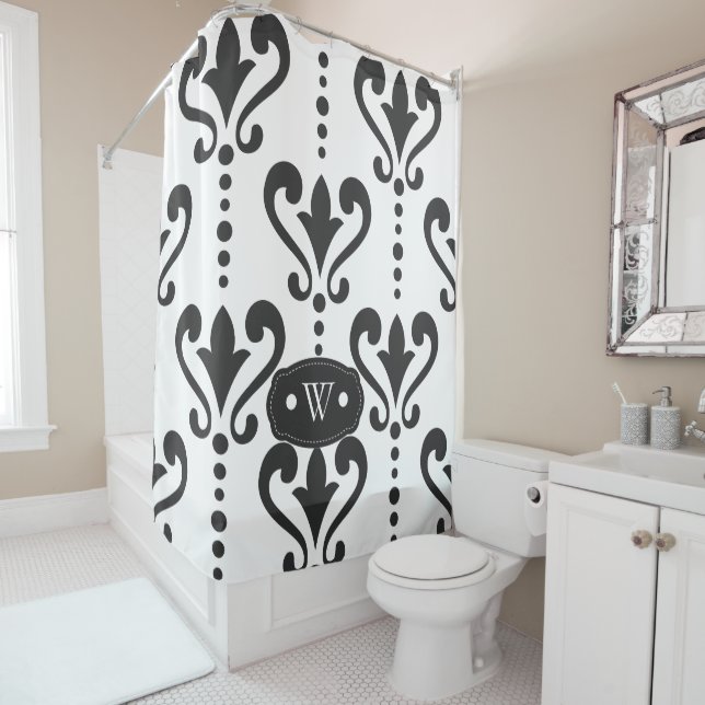 Cortina Para Box Monograma do Damasco Branco e Preto Elegante (In Situ)