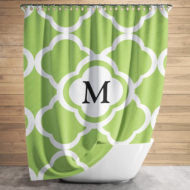 Cortina Para Box Monograma do Quatrefoil Verde Moderno (Modern Green Quatrefoil Monogram Shower Curtain)